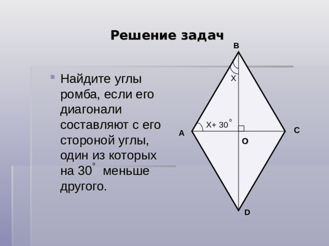 Решение задач B Найдите углы ромба, если его диагонали составляют с его стороной углы, один из которых на 30 меньше другого. Найдите углы ромба, если его диагонали составляют с его стороной углы, один из которых на 30 меньше другого. C A О D 