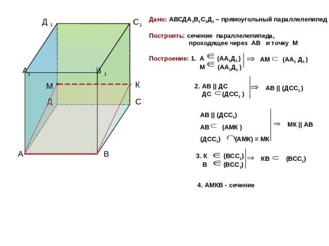 Дано : АВСДА 1 В 1 С 1 Д 1 – прямоугольный параллелепипед  Построить: сечение параллелепипеда,  проходящее через АВ и точку М  Построение: 1. А (АА 1 Д 1 )  М (АА 1 Д 1 ) 1 1 АМ (АА 1 Д 1 ) 1 1 2. АВ || ДС  ДС (ДСС 1 ) АВ || (ДСС 1 ) АВ || (ДСС 1 ) АВ (АМК ) (ДСС 1 ) (АМК) = МК МК || АВ 3. К (ВСС 1 )  В (ВСС 1 ) КВ (ВСС 1 ) 4. АМКВ - сечение 
