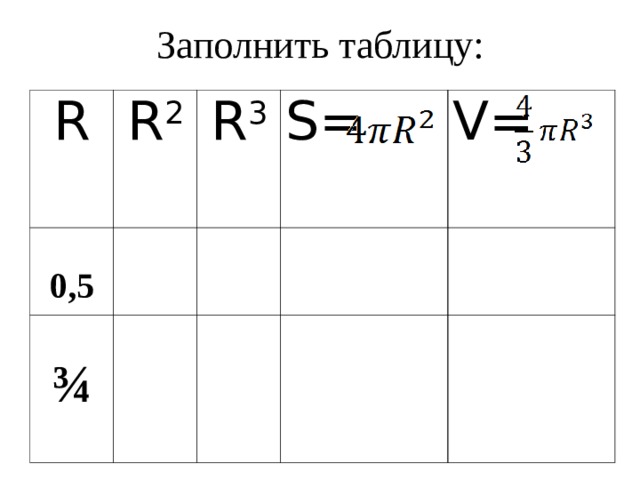Заполнить таблицу: R R 2 0,5 R 3 ¾ S= V= 