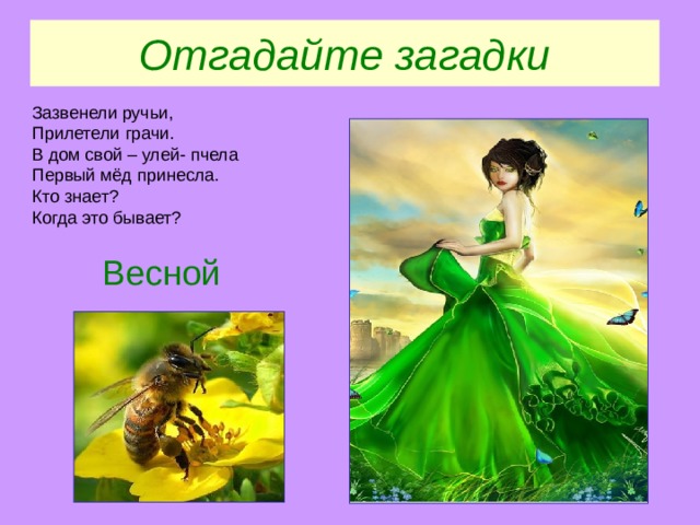 Отгадайте загадки Зазвенели ручьи, Прилетели грачи. В дом свой – улей- пчела Первый мёд принесла. Кто знает? Когда это бывает?  Весной 