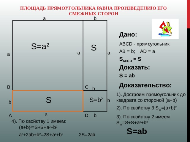 A b 2 площадь. Площадь прямоугольника. Площадь прямоугольника равна произведению. Площадь прямоугольника равна произведению его смежных сторон. Площадь прямоугольника равна прямоугольника.