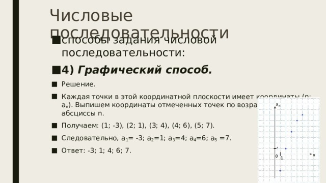 Числовые последовательности способы задания числовой последовательности: 4)   Графический способ.   Решение. Каждая точки в этой координатной плоскости имеет координаты (n; a n ). Выпишем координаты отмеченных точек по возрастанию абсциссы n. Получаем: (1; -3), (2; 1), (3; 4), (4; 6), (5; 7). Следовательно, a 1 = -3; a 2 =1; a 3 =4; a 4 =6; a 5  =7. Ответ: -3; 1; 4; 6; 7. 