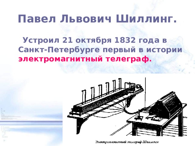  Павел Львович Шиллинг.    Устроил 21 октября 1832 года в Санкт-Петербурге первый в истории электромагнитный телеграф. 