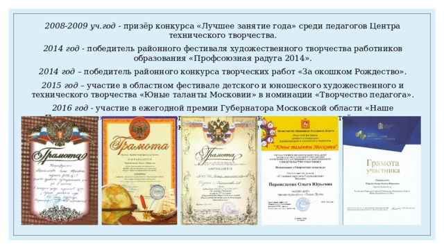 2008-2009 уч.год - призёр конкурса «Лучшее занятие года» среди педагогов Центра технического творчества. 2014 год - победитель районного фестиваля художественного творчества работников образования «Профсоюзная радуга 2014». 2014 год – победитель районного конкурса творческих работ «За окошком Рождество». 2015 год – участие в областном фестивале детского и юношеского художественного и технического творчества «Юные таланты Московии» в номинации «Творчество педагога». 2016 год - участие в ежегодной премии Губернатора Московской области «Наше Подмосковье» с проектом по организации совместного творчества детей и взрослых «Прекрасное, доброе, вечное». 