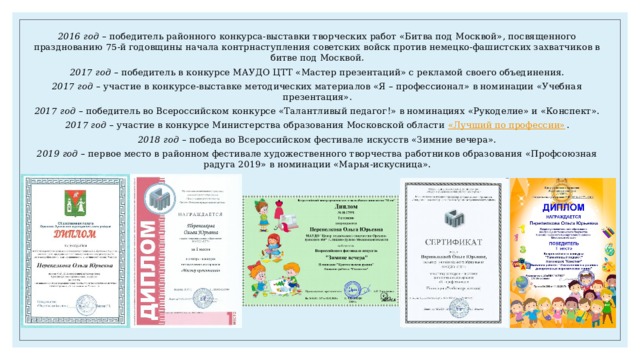 2016 год – победитель районного конкурса-выставки творческих работ «Битва под Москвой», посвященного празднованию 75-й годовщины начала контрнаступления советских войск против немецко-фашистских захватчиков в битве под Москвой. 2017 год – победитель в конкурсе МАУДО ЦТТ «Мастер презентаций» с рекламой своего объединения. 2017 год – участие в конкурсе-выставке методических материалов «Я – профессионал» в номинации «Учебная презентация». 2017 год – победитель во Всероссийском конкурсе «Талантливый педагог!» в номинациях «Рукоделие» и «Конспект». 2017 год – участие в конкурсе Министерства образования Московской области «Лучший по профессии» . 2018 год – победа во Всероссийском фестивале искусств «Зимние вечера». 2019 год – первое место в районном фестивале художественного творчества работников образования «Профсоюзная радуга 2019» в номинации «Марья-искусница». 