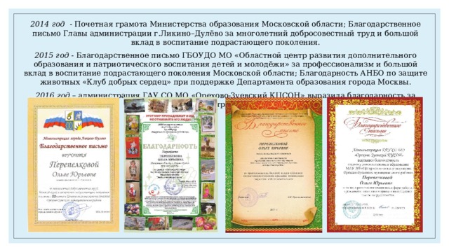 2014 год - Почетная грамота Министерства образования Московской области; Благодарственное письмо Главы администрации г.Ликино–Дулёво за многолетний добросовестный труд и большой вклад в воспитание подрастающего поколения. 2015 год - Благодарственное письмо ГБОУДО МО «Областной центр развития дополнительного образования и патриотического воспитания детей и молодёжи» за профессионализм и большой вклад в воспитание подрастающего поколения Московской области; Благодарность АНБО по защите животных «Клуб добрых сердец» при поддержке Департамента образования города Москвы. 2016 год – администрация ГАУ СО МО «Орехово-Зуевский КЦСОН» выразила благодарность за тесное сотрудничество. 