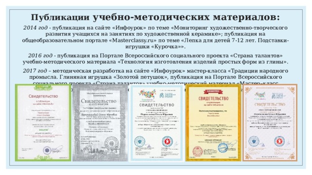 Публикации учебно-методических материалов: 2014 год - публикация на сайте «Инфоурок» по теме «Мониторинг художественно-творческого развития учащихся на занятиях по художественной керамике»; публикация на общеобразовательном портале «Masterclassy.ru» по теме «Лепка для детей 7-12 лет. Подставки-игрушки «Курочка»». 2016 год - публикация на Портале Всероссийского социального проекта «Страна талантов» учебно-методического материала «Технология изготовления изделий простых форм из глины». 2017 год – методическая разработка на сайте «Инфоурок» мастер-класса «Традиции народного промысла. Глиняная игрушка «Золотой петушок», публикация на Портале Всероссийского социального проекта «Страна талантов» учебно-методический материал «Мастер–класс «Декоративные керамические панно: основы изготовления и росписи». 