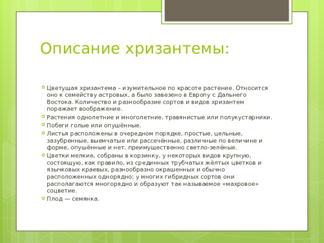 Описание хризантемы:   Цветущая хризантема – изумительное по красоте растение. Относится оно к семейству астровых, а было завезено в Европу с Дальнего Востока. Количество и разнообразие сортов и видов хризантем поражает воображение. Растения однолетние и многолетние, травянистые или полукустарники. Побеги голые или опушённые. Листья расположены в очередном порядке, простые, цельные, зазубренные, выемчатые или рассечённые, различные по величине и форме, опушённые и нет, преимущественно светло-зелёные. Цветки мелкие, собраны в корзинку, у некоторых видов крупную, состоящую, как правило, из срединных трубчатых жёлтых цветков и язычковых краевых, разнообразно окрашенных и обычно расположенных однорядно; у многих гибридных сортов они располагаются многорядно и образуют так называемое «махровое» соцветие. Плод — семянка. 