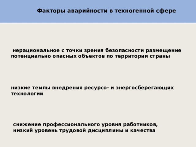 Факторы аварийности в техногенной сфере  нерациональное с точки зрения безопасности размещение потенциально опасных объектов по территории страны  низкие темпы внедрения ресурсо- и энергосберегающих технологий снижение профессионального уровня работников, низкий уровень трудовой дисциплины и качества 