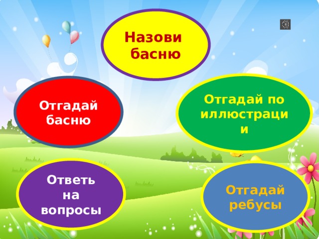 Назови басню Отгадай по иллюстрации Отгадай басню Ответь на вопросы Отгадай ребусы 