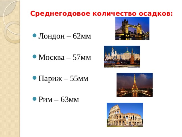 Среднегодовое количество осадков: Лондон – 62мм Москва – 57мм Париж – 55мм Рим – 63мм 