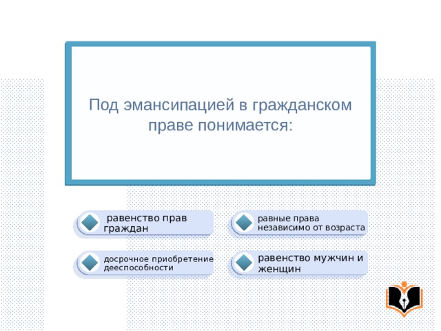 Под эмансипацией в гражданском праве понимается: равные права независимо от возраста   равенство прав граждан равенство мужчин и женщин досрочное приобретение дееспособности 