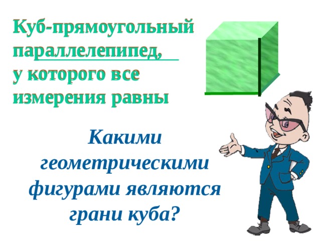 Куб-прямоугольный параллелепипед, у которого все измерения равны Какими геометрическими фигурами являются грани куба?