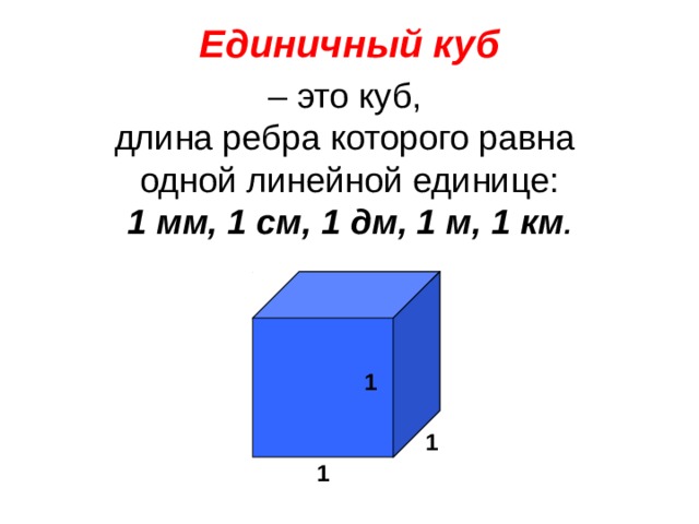 Единичный куб – это куб, длина ребра которого равна одной линейной единице: 1 мм, 1 см, 1 дм, 1 м, 1 км . 1 1 1