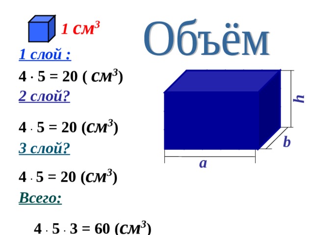 h 1  см 3 1 слой : 4 ∙ 5 = 20 ( см 3 )  2 слой? 4 ∙ 5 =  2 0 ( см 3 ) b 3 слой? a 4 ∙  5 =  2 0 ( см 3 ) Всего:   4 ∙ 5 ∙  3  =  6 0 ( см 3 )