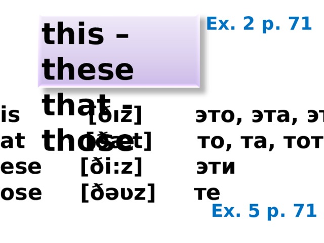 Ex. 2 p. 71 this – these that - those this [ ðız] это, эта, этот that [ ðæt] то, та, тот these [ ði:z] эти those [ ðəʋz] те Ex. 5 p. 71 