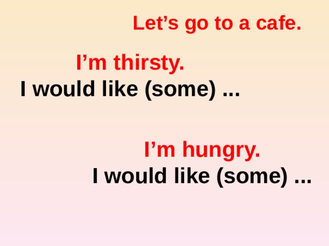 Let’s go to a cafe. I’m thirsty. I would like (some) ... I’m hungry. I would like (some) ... 