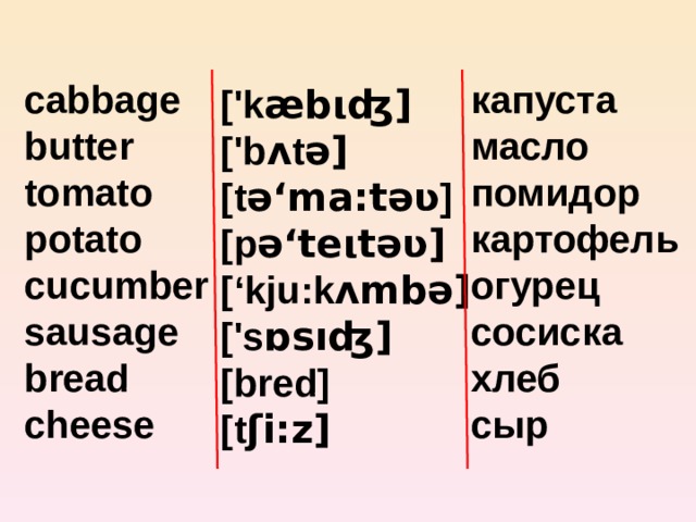 cabbage butter tomato potato cucumber sausage bread cheese капуста масло помидор картофель огурец сосиска хлеб сыр ['k æb ι ʤ] ['b ʌ t ə] [t ə‘ma:təʋ ] [p ə‘te ι təʋ] [‘kju:k ʌmbə] ['s ɒsıʤ] [bred] [t ʃi:z] 