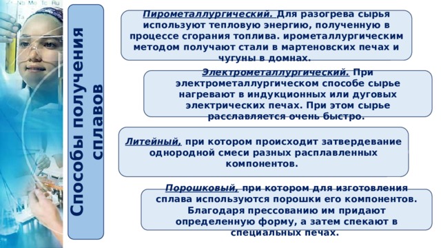 Способы получения сплавов Пирометаллургический. Для разогрева сырья используют тепловую энергию, полученную в процессе сгорания топлива. ирометаллургическим методом получают стали в мартеновских печах и чугуны в домнах. Электрометаллургический.  При электрометаллургическом способе сырье нагревают в индукционных или дуговых электрических печах. При этом сырье расславляется очень быстро. Литейный, при котором происходит затвердевание однородной смеси разных расплавленных компонентов. Порошковый, при котором для изготовления сплава используются порошки его компонентов. Благодаря прессованию им придают определенную форму, а затем спекают в специальных печах. 