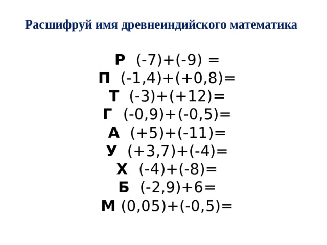 Расшифруй имя древнеиндийского математика Р (-7)+(-9) =  П (-1,4)+(+0,8)=  Т (-3)+(+12)=  Г (-0,9)+(-0,5)=  А (+5)+(-11)=  У (+3,7)+(-4)=  Х (-4)+(-8)=  Б (-2,9)+6=  М (0,05)+(-0,5)= 