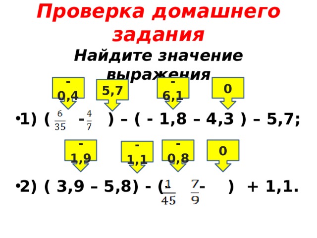 Проверка домашнего задания  Найдите значение выражения 1) ( - ) – ( - 1,8 – 4,3 ) – 5,7; 2) ( 3,9 – 5,8) - (- - ) + 1,1. - 0,4 - 6,1 0 5,7 - 1,9 - 0,8 0 - 1,1 