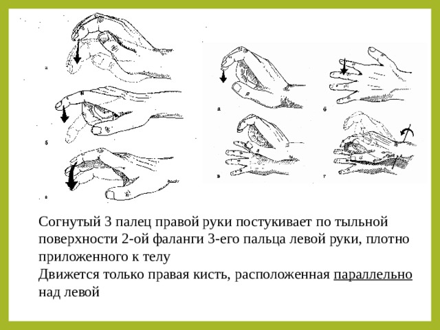 Согнутый 3 палец правой руки постукивает по тыльной поверхности 2-ой фаланги 3-его пальца левой руки, плотно приложенного к телу Движется только правая кисть, расположенная параллельно над левой 