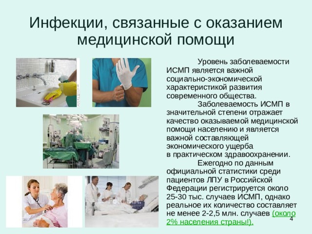 Инфекции, связанные с оказанием медицинской помощи  Уровень заболеваемости ИСМП является важной социально-экономической характеристикой развития современного общества.  Заболеваемость ИСМП в значительной степени отражает качество оказываемой медицинской помощи населению и является важной составляющей экономического ущерба в практическом здравоохранении.  Ежегодно по данным официальной статистики среди пациентов ЛПУ в Российской Федерации регистрируется около 25-30 тыс. случаев ИСМП, однако реальное их количество составляет не менее 2-2,5 млн. случаев (около 2% населения страны!).  