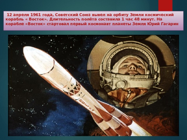   12 апреля 1961 года, Советский Союз вывел на орбиту Земли космический корабль « Восток». Длительность полёта составила 1 час 48 минут. На корабле «Восток» стартовал первый космонавт планеты Земля Юрий Гагарин 