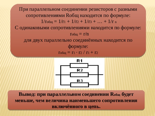 При параллельном соединении резисторов с разными сопротивлениями Rобщ находится по формуле:  1/r общ = 1/r 1 + 1/r 2 + 1/r 3 + … + 1/r n  С одинаковыми сопротивлениями находится по формуле:  r общ = r/n  для двух параллельно соединённых находится по формуле:  r общ = r 1 ∙ r 2 / r 1 + r 2   Вывод: при параллельном соединении R общ будет меньше, чем величина наименьшего сопротивления включённого в цепь. 