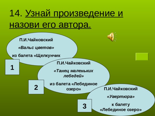 14. Узнай произведение и назови его автора. П.И.Чайковский «Вальс цветов» из балета «Щелкунчик 1 П.И.Чайковский «Танец маленьких лебедей» из балета «Лебединое озеро» 2 П.И.Чайковский «Увертюра» к балету «Лебединое озеро» 3 