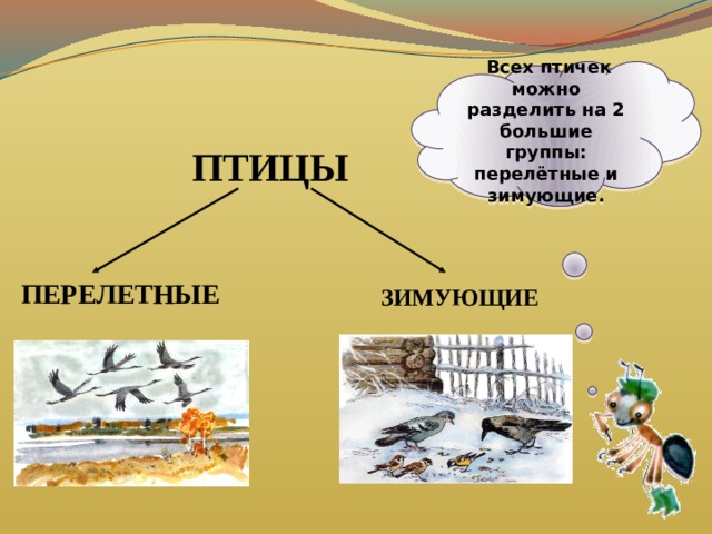  Всех птичек можно разделить на 2 большие группы: перелётные и зимующие.  ПТИЦЫ    ПЕРЕЛЕТНЫЕ ЗИМУЮЩИЕ 