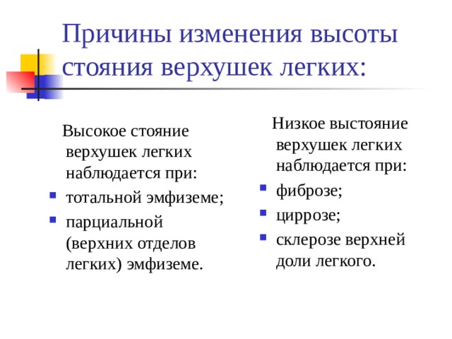 Причины изменения высоты стояния верхушек легких:  Низкое выстояние верхушек легких наблюдается при: фиброзе; циррозе; склерозе верхней доли легкого.  Высокое стояние верхушек легких наблюдается при: тотальной эмфиземе; парциальной (верхних отделов легких) эмфиземе. 