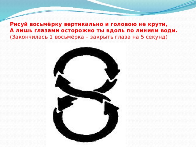 Рисуй восьмёрку вертикально и головою не крути,  А лишь глазами осторожно ты вдоль по линиям води.  (Закончилась 1 восьмёрка – закрыть глаза на 5 секунд ) 