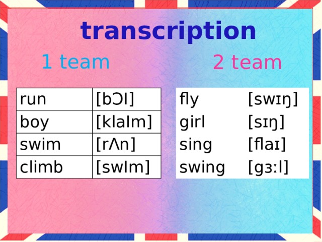 transcription 1 team 2 team run fly girl [b Ͻ I] boy [swɪŋ] [klaIm] [sɪŋ] swim sing [rɅn] climb swing [flaɪ] [swIm] [gɜːl] Обе команды выписывают на листочках слова и к ним подбирают подходящие транскрипции. Также можно учащимся подготовить карточки с этим заданием, чтобы они просто провели стрелочки.  
