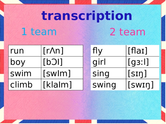 transcription 1 team 2 team run fly [flaɪ] boy [rɅn] girl [gɜːl] [b Ͻ I] sing swim climb [sɪŋ] swing [swIm] [klaIm] [swɪŋ] Ответы к заданию.  