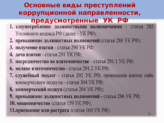 Основные виды преступлений коррупционной направленности, предусмотренные УК РФ 