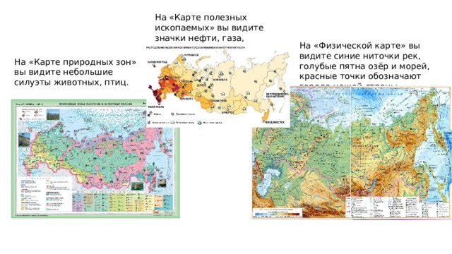 На «Карте полезных ископаемых» вы видите значки нефти, газа, каменного угля. На «Физической карте» вы видите синие ниточки рек, голубые пятна озёр и морей, красные точки обозначают города нашей страны. На «Карте природных зон» вы видите небольшие силуэты животных, птиц. 