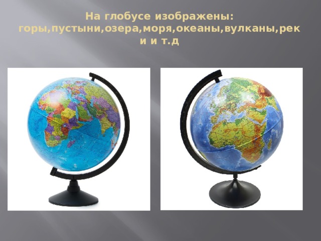 На глобусе изображены:  горы,пустыни,озера,моря,океаны,вулканы,реки и т.д 