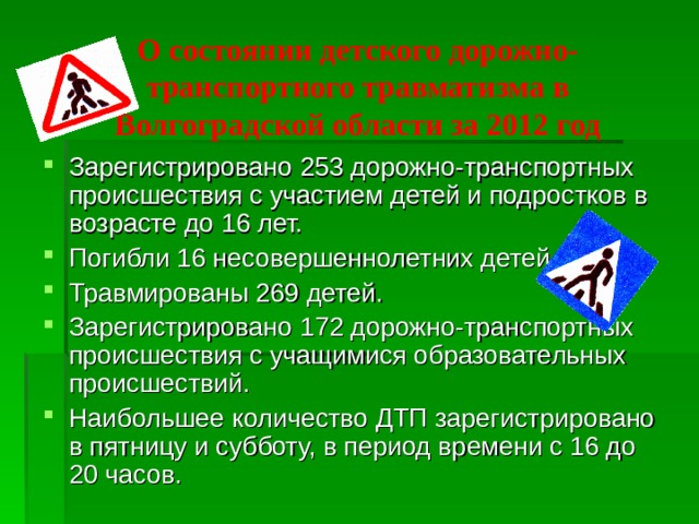 О состоянии детского дорожно-транспортного травматизма в Волгоградской области за 2012 год Зарегистрировано 253 дорожно-транспортных происшествия с участием детей и подростков в возрасте до 16 лет. Погибли 16 несовершеннолетних детей. Травмированы 269 детей. Зарегистрировано 172 дорожно-транспортных происшествия с учащимися образовательных происшествий. Наибольшее количество ДТП зарегистрировано в пятницу и субботу, в период времени с 16 до 20 часов. 