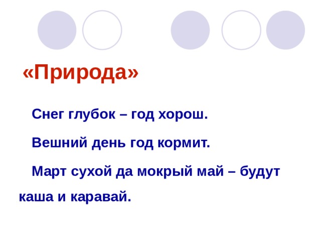 «Природа» Снег глубок – год хорош. Вешний день год кормит. Март сухой да мокрый май – будут каша и каравай. 