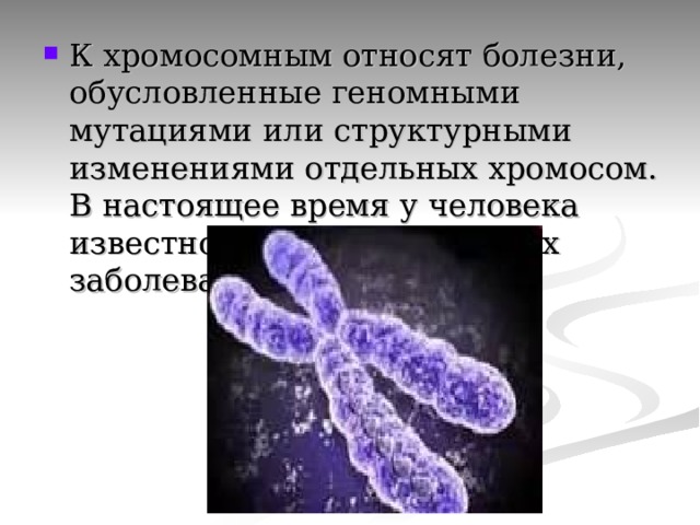 К хромосомным относят болезни, обусловленные геномными мутациями или структурными изменениями отдельных хромосом. В настоящее время у человека известно более 700 подобных заболеваний. 