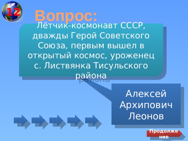 12 Вопрос: Лётчик-космонавт СССР, дважды Герой Советского Союза, первым вышел в открытый космос, уроженец с. Листвянка Тисульского района Алексей Архипович Леонов Продолжение