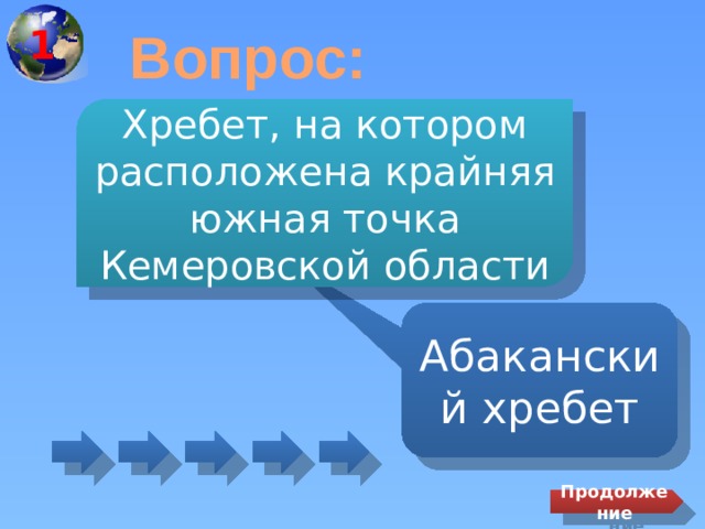 1 Вопрос: Хребет, на котором расположена крайняя южная точка Кемеровской области Абаканский хребет Продолжение