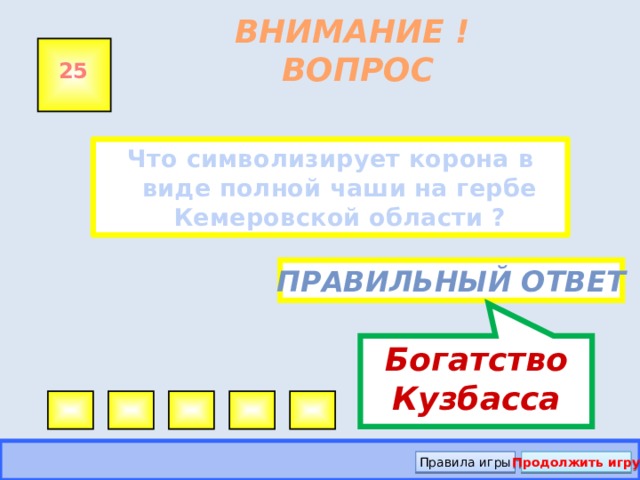 Богатство Кузбасса ВНИМАНИЕ ! ВОПРОС 25 Что символизирует корона в виде полной чаши на гербе Кемеровской области ?  Правильный ответ Правила игры Продолжить игру