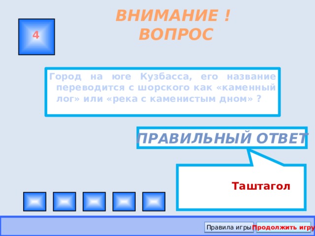 Таштагол ВНИМАНИЕ ! ВОПРОС 4 Город на юге Кузбасса, его название переводится с шорского как «каменный лог» или «река с каменистым дном» ? Правильный ответ Правила игры Продолжить игру