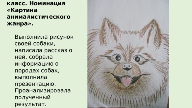 Дубровина Алина: 6 Б класс. Номинация «Картина анималистического жанра». Выполнила рисунок своей собаки, написала рассказ о ней, собрала информацию о породах собак, выполнила презентацию. Проанализировала полученный результат. 