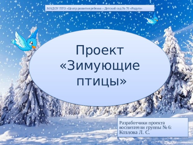 МАДОУ ПГО «Центр развития ребенка – Детский сад № 70 «Радуга» Проект «Зимующие  птицы» Разработчики проекта воспитатели группы № 6: Козлова Л. С. 