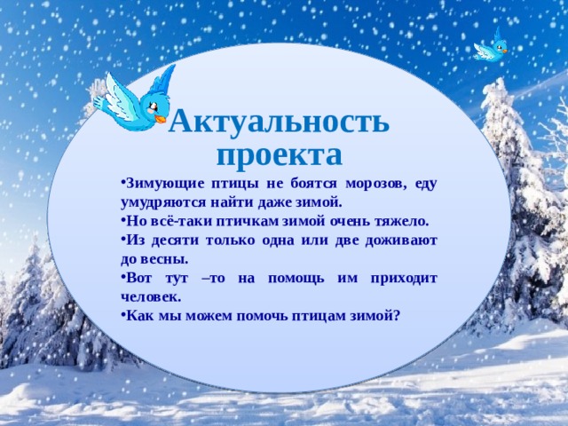 Актуальность проекта Зимующие птицы не боятся морозов, еду умудряются найти даже зимой. Но всё-таки птичкам зимой очень тяжело. Из десяти только одна или две доживают до весны. Вот тут –то на помощь им приходит человек. Как мы можем помочь птицам зимой? 