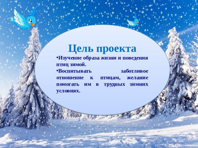 Цель проекта Изучение образа жизни и поведения птиц зимой. Воспитывать заботливое отношение к птицам, желание помогать им в трудных зимних условиях. 