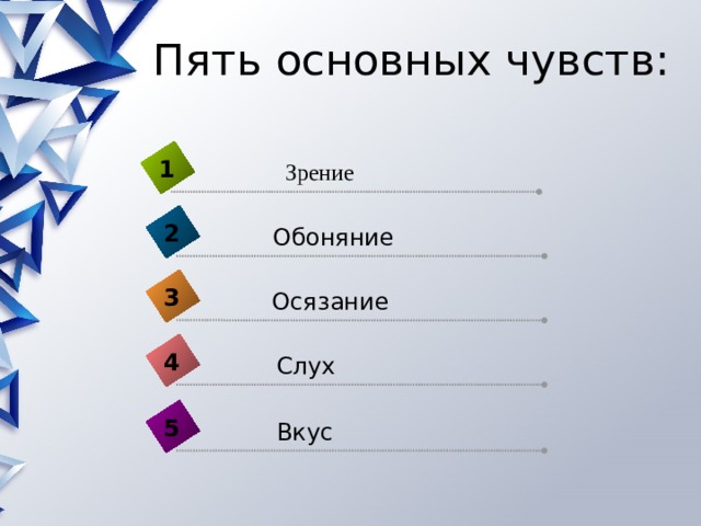 Пять основных чувств: 1 Зрение 2 Обоняние 3 Осязание 4 Слух 5 Вкус 